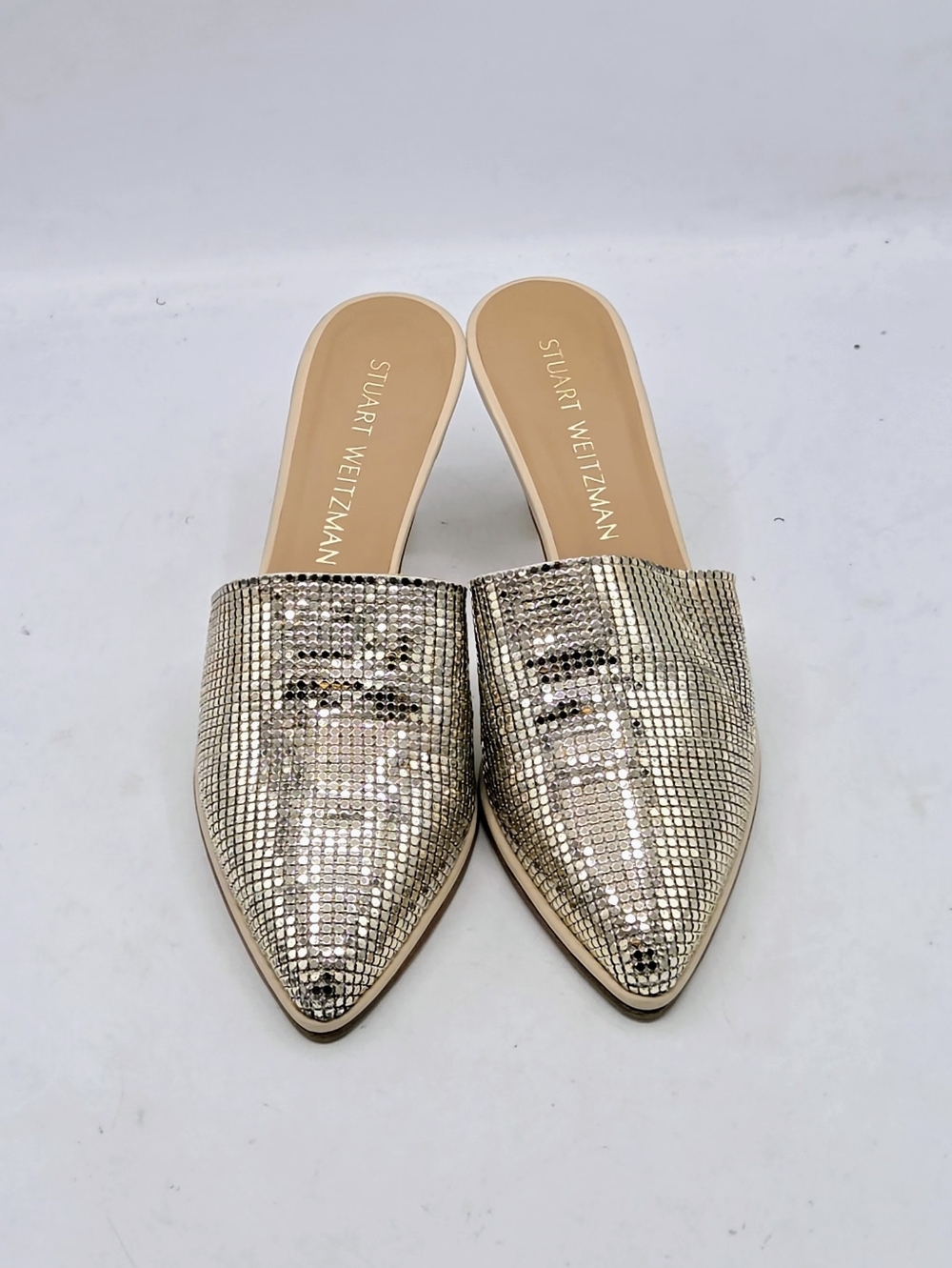 Stuart Weitzman Svelt Pipe "Roman Mail" Metallic Mules Size 6 M - Picture 3 of 16